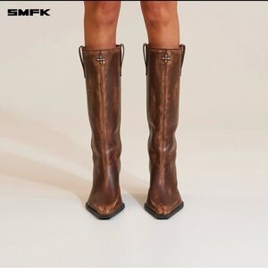 SMFK COMPASS BADGE SWORD LEATHER HIGH HEEL BOOTS WILD HORSE BROWN PATINA